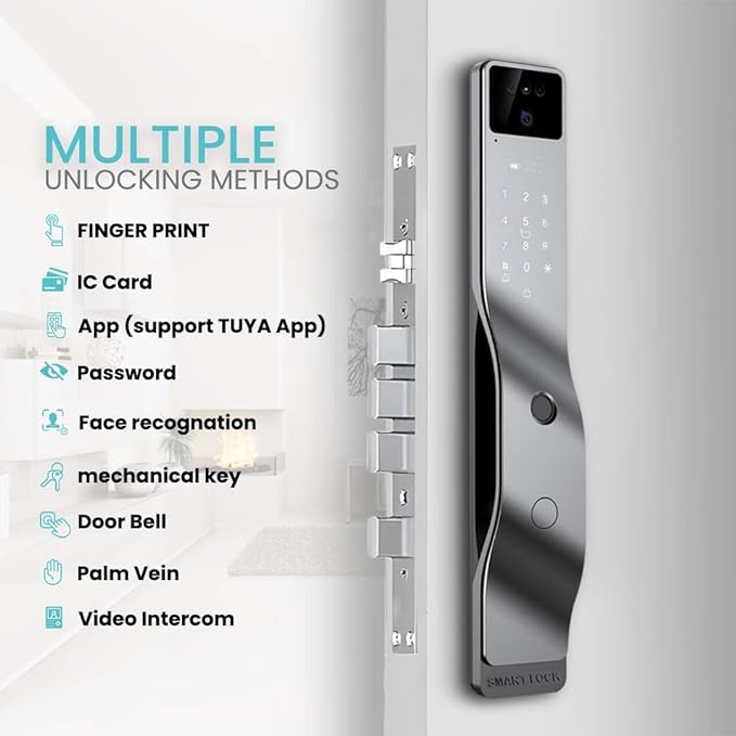 Smart Door Lock with Camera, 3D Face Recognition, Biometric Palm Vein Keyless Entry Deadbolt, Video Doorbell Intercom, Fingerprint, Passcode, Card, Touchscreen Keypad, Tuya App, Alexa, Front Door Home