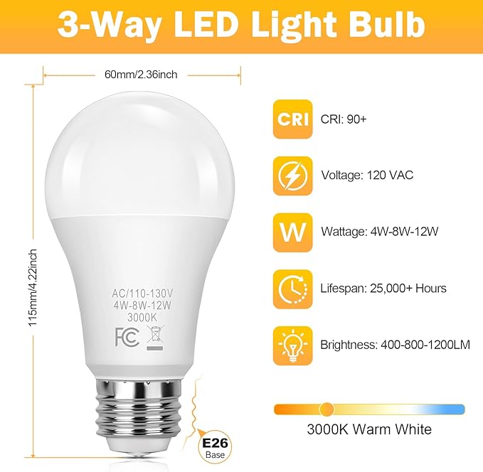 Yochoice 3 Way Light Bulbs 40 70 100 Soft White 3000K, 4-Pack A19 3 Way LED Light Bulbs, 4/8/12W Three Way Light Bulb E26 Medium Base, 3 Way Bulb for Reading, Indoor Living Room Bedroom Office Kitchen