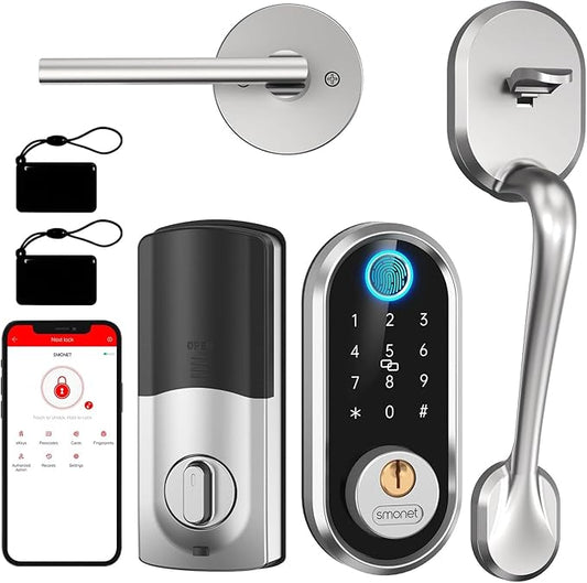 Keyless Entry Door Lock Handle: SMONET Smart Front Door Lock Set Alexa Deadbolt Locks with Handle Bluetooth Electronic Digital Keypad with APP Voice Control Keyfob Auto for Home