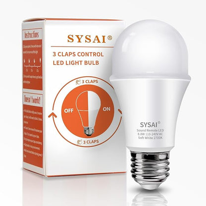 SYSAI 3 Claps Light, Sound Activated ON/Off Solution, Clap Detection, Smart Home, Upgrade Your Bedroom Lamp Bulb，Easy to Install, As Seen On TV, Soft White, 8.8-Watt