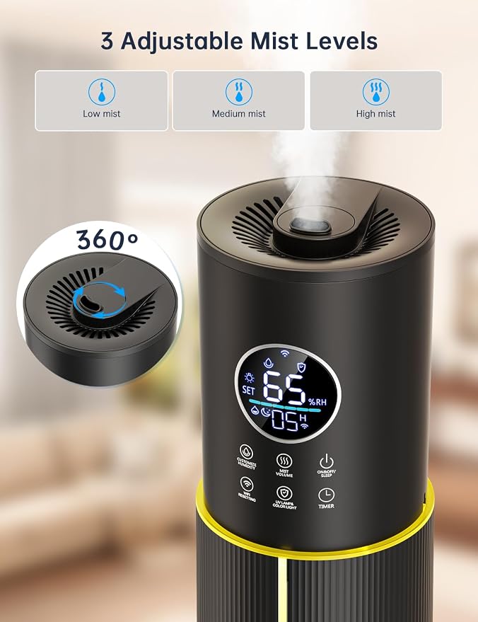 10L/2.64 Gal Humidifier for Large Room 600ft² 60H Runtime 24H Timer Auto Mode APP & Remote Control Top Fill Diffuser Aromatherapy 7 Color Lights Cool Mist Humidifier for Bedroom Home Office Plant