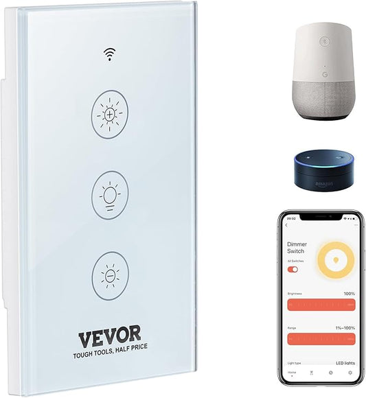 VEVOR Smart Dimmer Switch, Wi-Fi 2.4GHz, Dimmable Smart Switch with Tempered Glass Touch Panel, 15% to 85% Stepless Dimming, Voice App Remote Control, Works with Alexa Google Home, for LED Lights