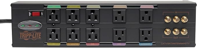 Tripp Lite Isobar 10 Outlet Audio/Video Surge Protector Tel/Modem/Coax/Network 8ft Cord Right Angle Plug, & $500,000 Insurance (HT10DBS) Black