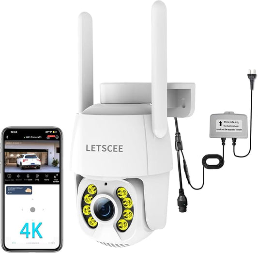 LETSCEE 4K 8MP Wired Outdoor Security Camera,Dual Power Options,Plug in,360° Pan 90° Tilt with Auto Tracking,Full Color Night Vision,2-Way Audio,Waterproof,24/7 Recording,2.4GHz WiFi Only