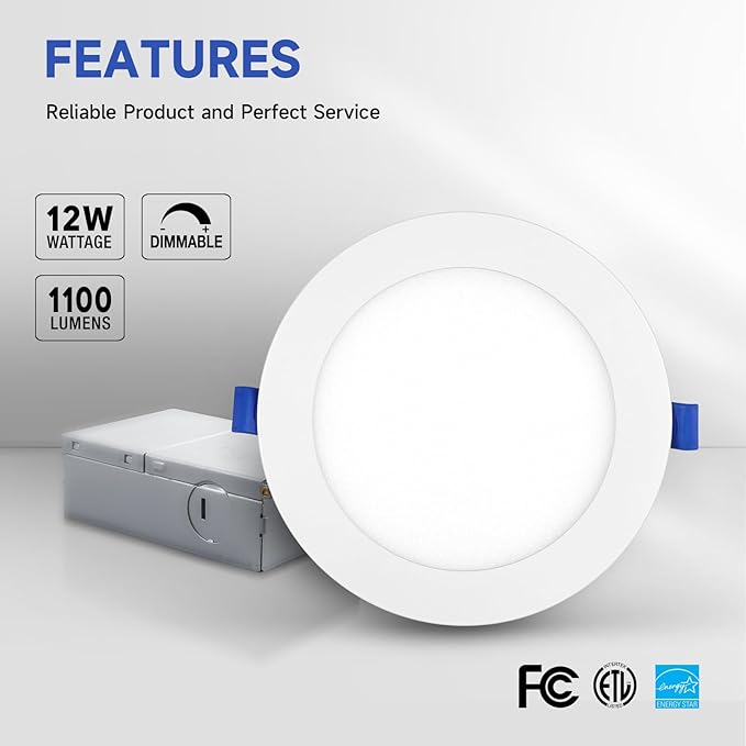 ECOELER 6 Inch Ultra Thin LED Recessed Ceiling Lights, Smooth Trim Canless Downlight,12W 1100Lm 5000K Daylight, Dimmable, Wafer Thin, Slim LED Panel with Junction Box, ETL Listed, 6 Pack