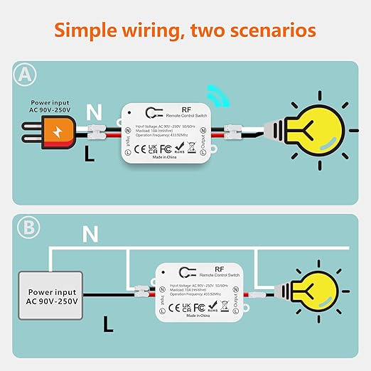 DieseRC AC 110V 120V 220V 240V Wireless Remote Control Light Switch 1500W 1 Channel 433Mhz RF Relay Receiver with 2 Transmitters Keyfob for Lamp Bulb, Easy to Install