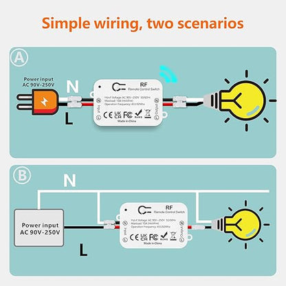 DieseRC AC 110V 120V 220V 240V Wireless Remote Control Light Switch 1500W 1 Channel 433Mhz RF Relay Receiver with 2 Transmitters Keyfob for Lamp Bulb, Easy to Install