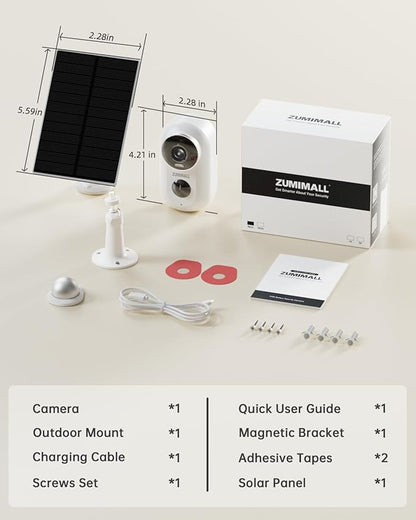 ZUMIMALL Solar Security Cameras Wireless Outdoor, 2K Outdoor Camera Wireless Solar Powered, 2.4G WiFi Battery Camera, 3MP Color Night Vision, Magnetic Mount,Siren,PIR/AI Analyse, IP66, Cloud, Alexa