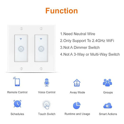 Smart Switch4 Pack, Double Smart Light Switch, Milfra in-Wall WiFi Smart Switch Compatible with Alexa and Google Home, No Hub Required, Neutral Wire Needed,2.4Ghz WiFi only. 4 Pack