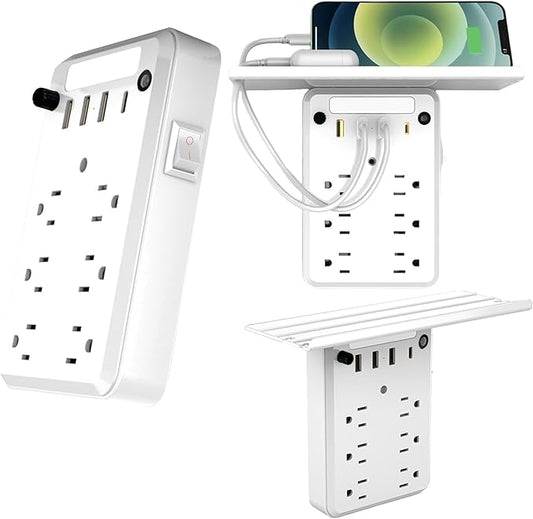 Preliminark Wall Outlet Extender with Shelf Night, Outlet Extended with Surge Protector and Shelf 6 Ac Outlets, 3 USB & 1 USB C Charging Ports, for Home Office (1pcs)