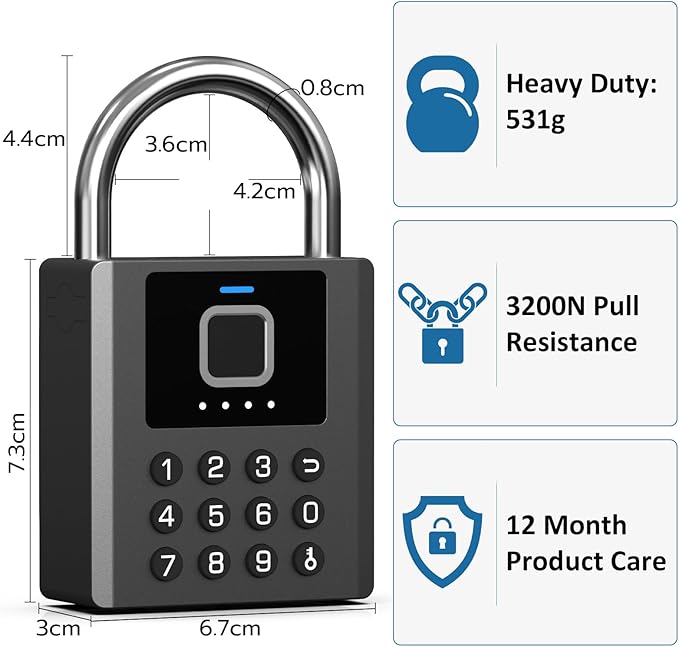 Heavy Duty Smart Padlock with Key, Fingerprint Biometric Combo Lock with Bluetooth APP, Waterproof Electronic Digital Lock for Gate Outdoor Fence Storage Unit Outdoor Fence Shed Gym