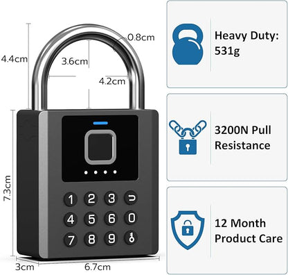 Heavy Duty Smart Padlock with Key, Fingerprint Biometric Combo Lock with Bluetooth APP, Waterproof Electronic Digital Lock for Gate Outdoor Fence Storage Unit Outdoor Fence Shed Gym