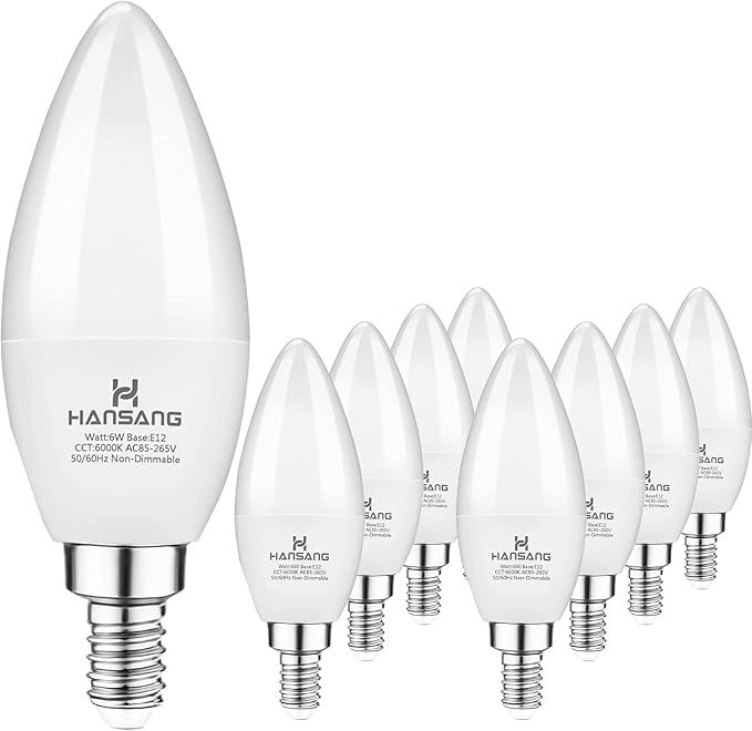 8-Pack E12 Candelabra LED Light Bulbs, 6000K Cool Daylight White, Small Base Type B Light Bulb for Chandelier, 6W Equivalent 60Watt, B11 Light Bulbs for Ceiling Fan, 600 Lumen, Non-dimmable