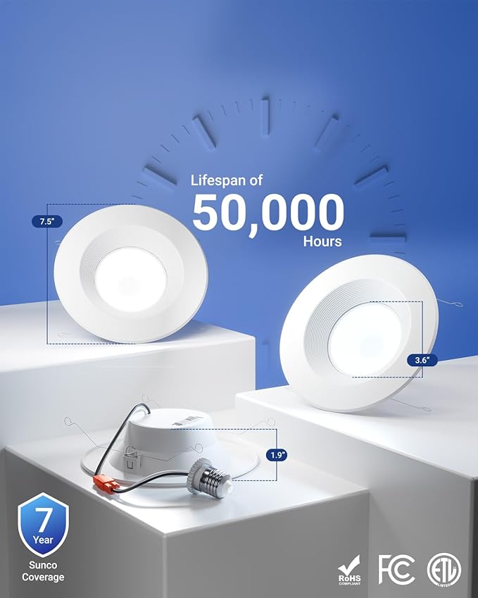Sunco 12 Pack 6 Inch LED Recessed Light, Retrofit Downlight Can Lights for Ceiling, Baffle Trim, 1050 LM, 13W (75W Equivalent), Selectable CCT 2700K/3000K/3500K/4000K/5000K, Dimmable, Damp Rated UL