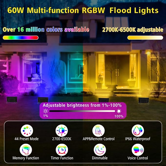 T-SUN LED Flood Lights Outdoor, 600W Equivalent Smart RGB Landscape Light | Color Changing Waterproof Floodlight with APP&Remote Control, 2700K & 16 Million Colors, Timing, Music Sync, IP66, US Plug