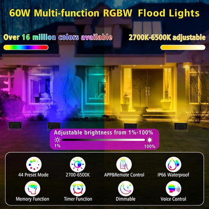 T-SUN LED Flood Lights Outdoor, 600W Equivalent Smart RGB Landscape Light | Color Changing Waterproof Floodlight with APP&Remote Control, 2700K & 16 Million Colors, Timing, Music Sync, IP66, US Plug