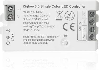 Tuya Zigbee 3.0 Single Color LED Strip Controller PWM Dimmer 2 Pin V+ V- DC 5V 12V 24V Max 15A Compatible with Alexa Echo Plus 4th Gen Tuya Gateway for FCOB COB 5050 2835 LED Light