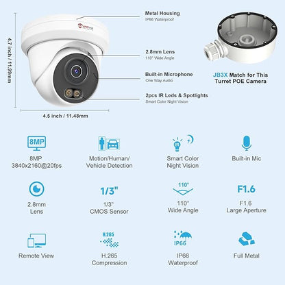 Anpviz 4K 8MP PoE Camera, Full Metal Turret Security IP Camera Outdoor Wired, AI Human Vehicle Detection, 100FT Smart Dual Light Color Night Vision, Built-in Mic, NDAA, IPC-D3B83W-S (U Series)
