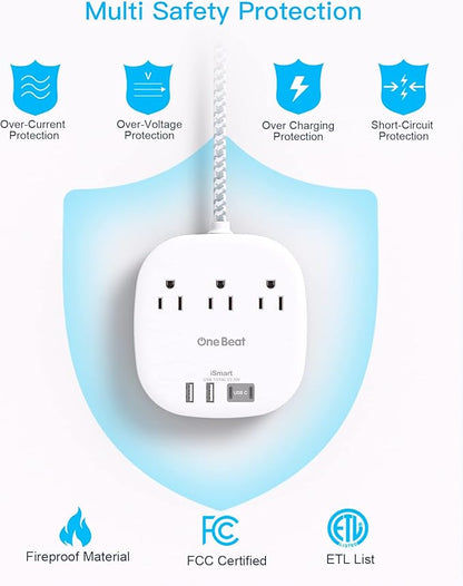 Flat Plug Power Strip, 6ft Ultra Flat Extension Cord - 3 Outlets 4 USB Ports (2 USB C) 22.5W/4.5A Desktop Charging Station, Power Strip No Surge Protection for Cruise Ship, Dorm Room Travel Essentials