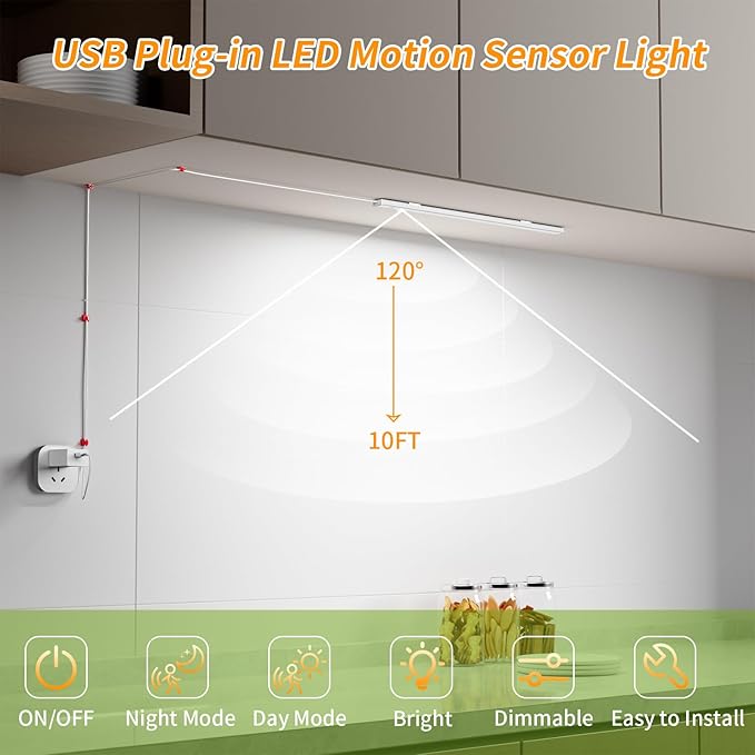 14" Slim USB Plug-in LED Motion Sensor Light Indoor, Bright & Dimmable Under Cabinet Light - 3 Modes (ON/Night/Day) for Kitchen, Cabinet, Closet - 4000K Neutral White, 2 Pack (Standalone)