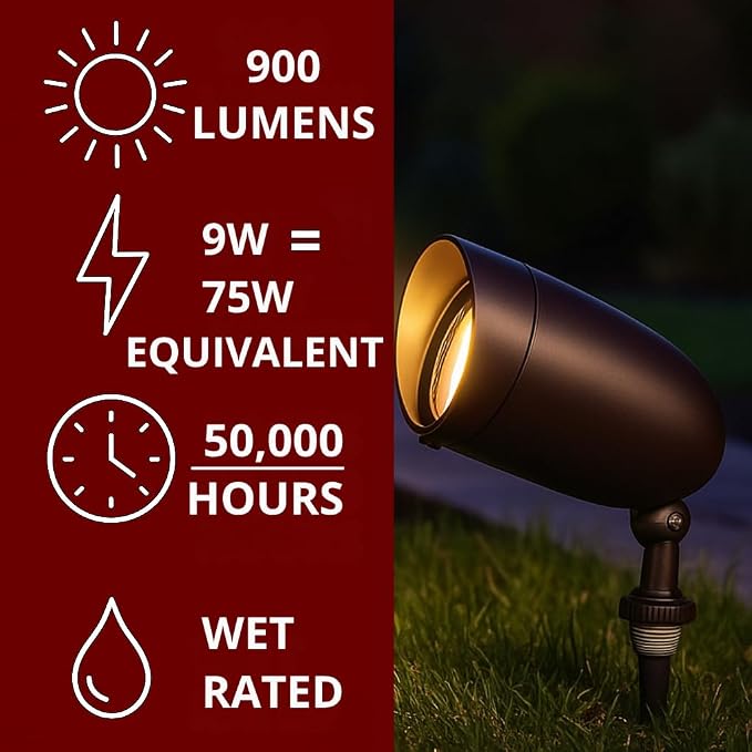 Nuvo 62/1205, LED Landscape Spotlight, Outdoor Flood Light, Bronze, 3000K | 900 lumens, Integrated 3000K LED, 50,000-hour life, Die-cast aluminum, Wet location rated
