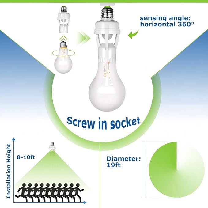PIR Motion Sensor Light Socket Smart Screw in Light Bulb Outlet Compatible with E26/E27 Motion Activated Bulb Holder Adapter Automatic Control for Garage Storage Room(4pack)