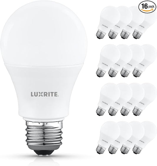 LUXRITE A19 LED Light Bulb 60 Watt Equivalent, Non-Dimmable, 2700K Warm White, 800LM, Standard LED Light Bulbs 8W, E26 Base, Enclosed Fixture Rated, Damp Rated, ETL Listed (16 Pack)