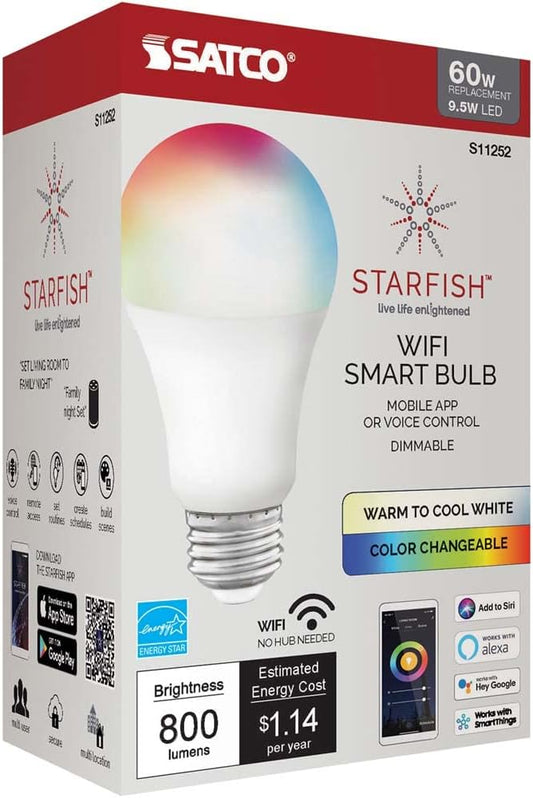 Satco S11252 Starfish 9.5-Watt A19 WiFi Smart LED Color-Changing Light Bulb, Works with Siri, Alexa, Google Assistant, SmartThings, 2700K-5000K, 800 Lumens , White
