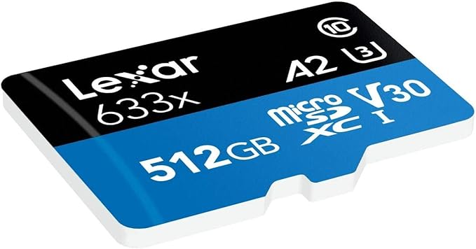 Lexar High-Performance 633x 512GB microSDXC UHS-I Card w/ SD Adapter, C10, U3, V30, A2, Full-HD & 4K Video, Up To 100MB/s Read, for Smartphones, Tablets, and Action Cameras (LSDMI512BBNL633A)