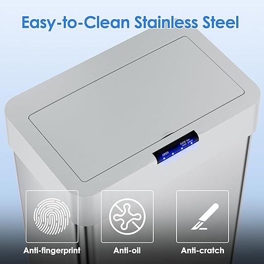 Sensor Trash Can, Touchless Motion Sensor Trash Bin, Smart Automatic Garbage Can with Soft-Close Lid, Bag Retainer Ring and Display Light,for Kitchen,Living Room Office (Silver, 18.5 Gal)