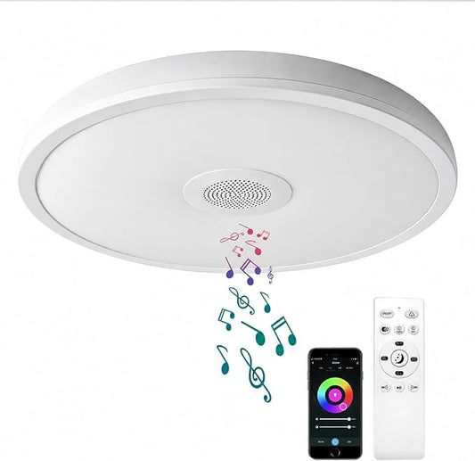 Smart Waterproof LED Flush Mount Ceiling Light Fixture,11 inch 18W,with Bluetooth Speaker,RGB Color Changing Function- Dimmable Lamp,Tuya Application Control-Compatible with Alexa Google Home