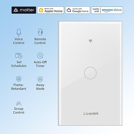 Smart Touch Wall Light Switch with Matter, Tempered-Glass Panel, Neutral Wire Required, Single-Pole, 2.4GHz Wi-Fi, App/Voice Control with Alexa/Google/Apple Home, Timers & Schedules 1 Gang – 3 Pack