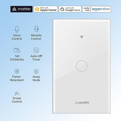 Smart Touch Wall Light Switch with Matter, Tempered-Glass Panel, Neutral Wire Required, Single-Pole, 2.4GHz Wi-Fi, App/Voice Control with Alexa/Google/Apple Home, Timers & Schedules 1 Gang – 3 Pack
