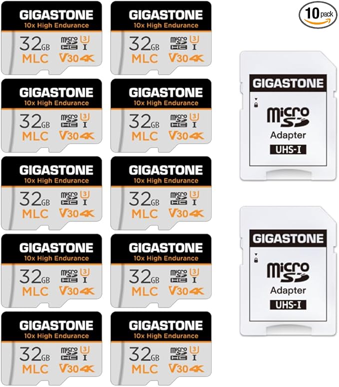 [10x High Endurance] GIGASTONE Industrial 32GB MLC Micro SD Card 10-Pack, 4K Video Recording, Security Cam, Dash Cam, Surveillance Compatible 95MB/s, U3 C10, with Adapter [5-Yrs Free Data Recovery]