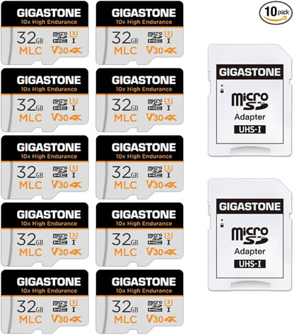 [10x High Endurance] GIGASTONE Industrial 32GB MLC Micro SD Card 10-Pack, 4K Video Recording, Security Cam, Dash Cam, Surveillance Compatible 95MB/s, U3 C10, with Adapter [5-Yrs Free Data Recovery]