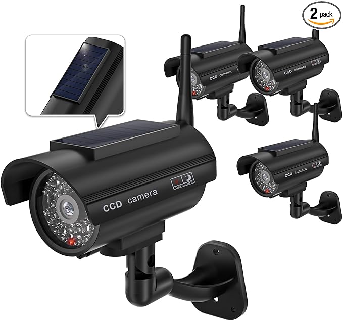 WALI Dummy Fake Camera, Solar Powered Fake Security Camera with LED Light, Simulated Surveillance Security CCTV Dome Cameras with Antenna and Warning Sticker Indoor Outdoor (SOL-TCB2), 2 Packs, Black