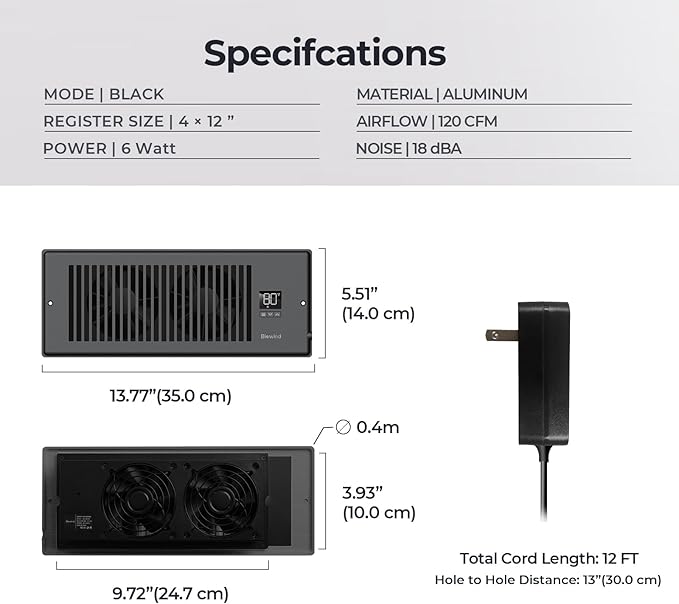 BIOWIND Quiet Register Booster Fan Fits 4" x 12" Register Holes, 10-Speed Smart Heating Cooling AC Vent Fan with Remote Control and Thermostat Control - Black