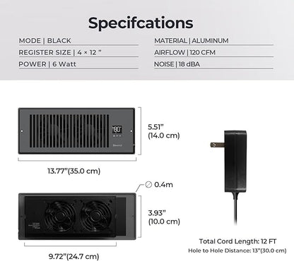 BIOWIND Quiet Register Booster Fan Fits 4" x 12" Register Holes, 10-Speed Smart Heating Cooling AC Vent Fan with Remote Control and Thermostat Control - Black