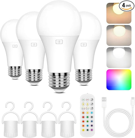 Rechargeable Battery Operated A19 Light Bulbs with Remote, Dimmable Detachable Battery Powered LED Bulb with 15 Colors Shift & Timer, Cordless Emergency Bulb for Wall Sconce, Non-Hardwired, 4-Pack