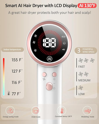 Hair Dryer, AI Smart 160000 RPM High-Speed Brushless Motor Plasma Ion AI Blow Dryer with Diffuser for Fast Drying, Professonal 4Temp/3Speed Thermo-Control Lightweight AI Hairdryer for Women Men Travel