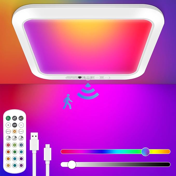 Rechargeable Motion Sensor Ceiling Light, Battery Closet Light 12 RGB Color