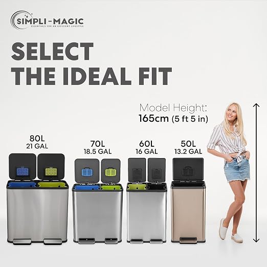 SIMPLI-MAGIC 13 Gallon/50 Liter Kitchen Trash Can, Stainless Steel Step-On Garbage Bin with Side Handles, Built-In Odor Filter Holder & Removable Inner Bucket for Kitchen & Office & Bedroom, Rose Gold