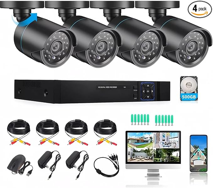 Home Security Camera System 3000TVL Surveillance DVR Kits, 4pcs Wired 1080P AHD/CVI/TVI Coaxial HD Camera Night Vision Set with AI Motion Person Detection, DVR with 500GB Hard Drive for 24-7 Recording