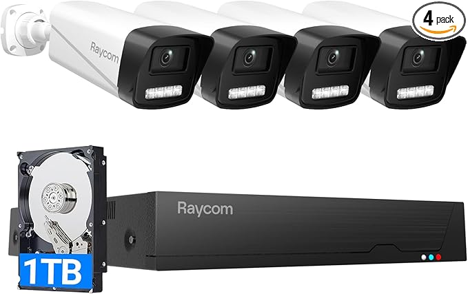 PoE Security Camera System, 4pcs Wired 3MP Outdoor IP Cameras with Color Night Vision, AI Human Detection, Two-Way Audio, 4K 4CH NVR with 1TB HDD for 24-7 Recording, No Monthly Fee
