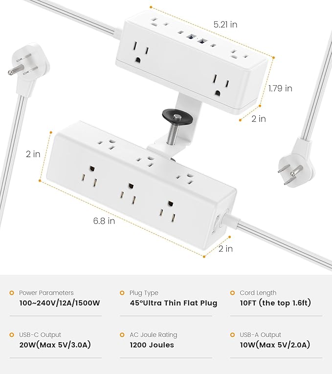 Dual Layer Desk Clamp Power Strip, Desktop Edge Mount Surge Protector with 15 AC Outlets & 4 USB Ports(20W USB-C), Ultra Thin Flat Plug & 10FT Power Cord for Office Home(ETL Listed)
