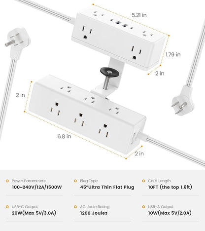 Dual Layer Desk Clamp Power Strip, Desktop Edge Mount Surge Protector with 15 AC Outlets & 4 USB Ports(20W USB-C), Ultra Thin Flat Plug & 10FT Power Cord for Office Home(ETL Listed)
