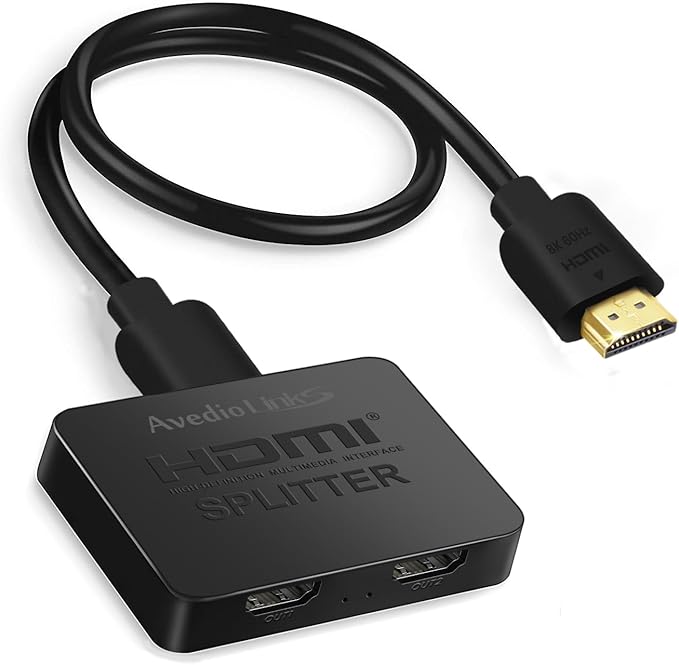 avedio links 8K HDMI Splitter 1 in 2 Out w/ 4ft 8K Hdmi Cable (Not Extended Display), Mirror Only, 4K@120Hz HDMI 2.1 Splitter for Monitor, TV, Support HDCP2.3, 48Gbps, VRR, ALLM, Dol-by Vision, Atmos