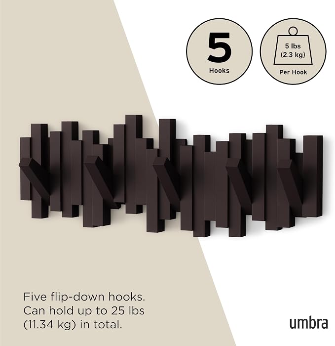 Umbra Sticks Wall Mount Coat Rack, 5 Hook Retractable Pegs, Espresso | Mounting hardware included, sculptural modern design, entryway or bedroom use, recycled plastic