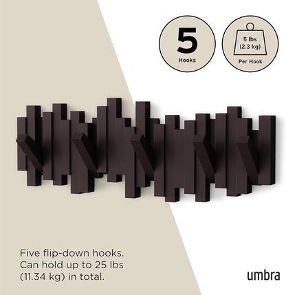 Umbra Sticks Wall Mount Coat Rack, 5 Hook Retractable Pegs, Espresso | Mounting hardware included, sculptural modern design, entryway or bedroom use, recycled plastic