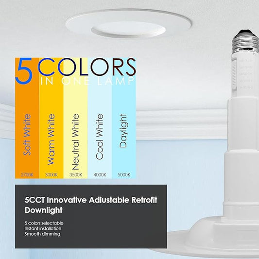 Jolux 12-Pack 5CCT Retrofit LED Recessed Lighting 6 Inch,Selectable 2700K/3000K/3500K/4000K/5000K,12W=60W,800Lumen,Dimmable Can Lights,Simple Installation Adjustable Retrofit Downlight,Bevel Trim